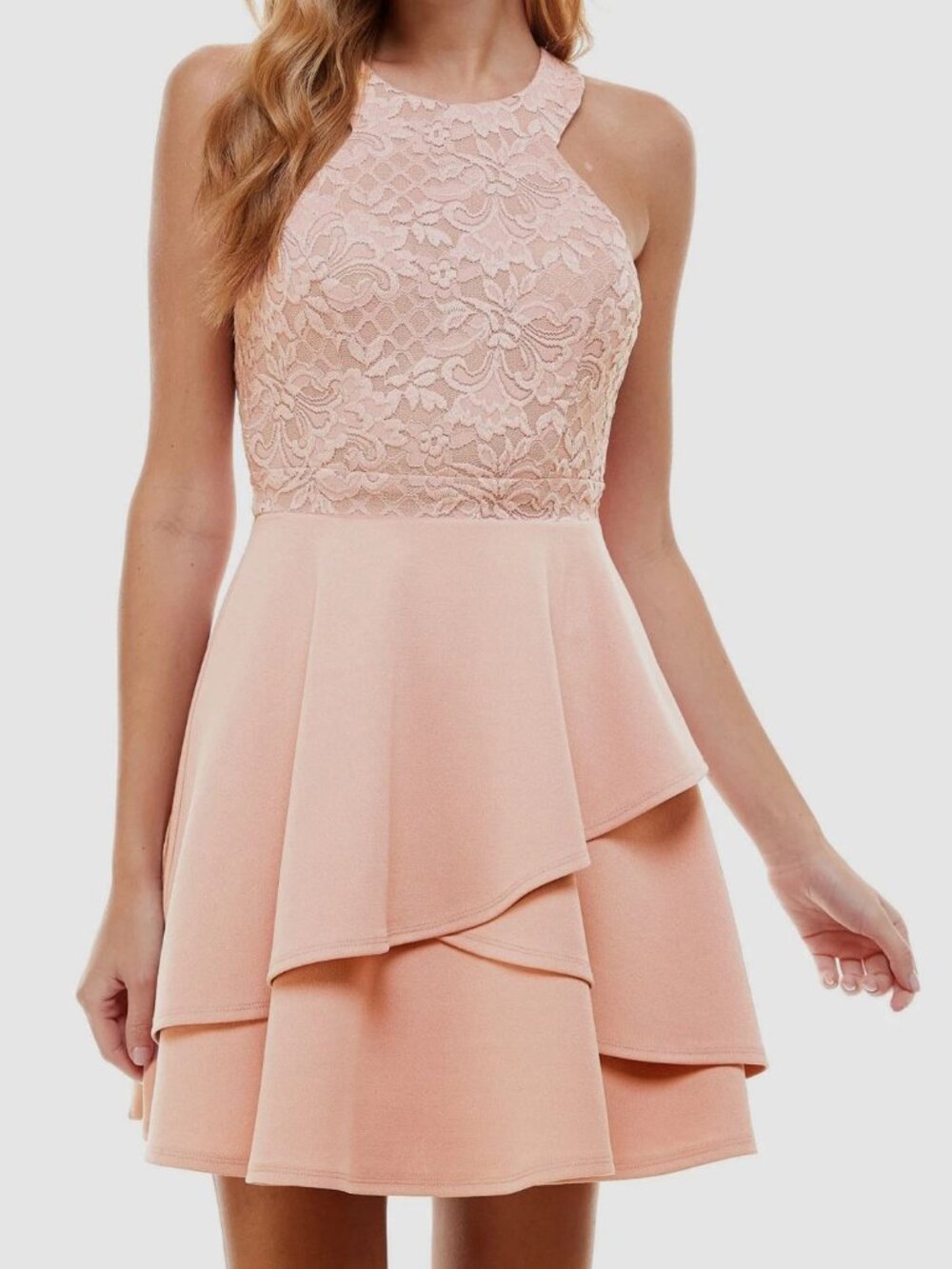 City Studios Pink Blush Lace Fit & Flare Layered Sparkle Soft Peach Dress